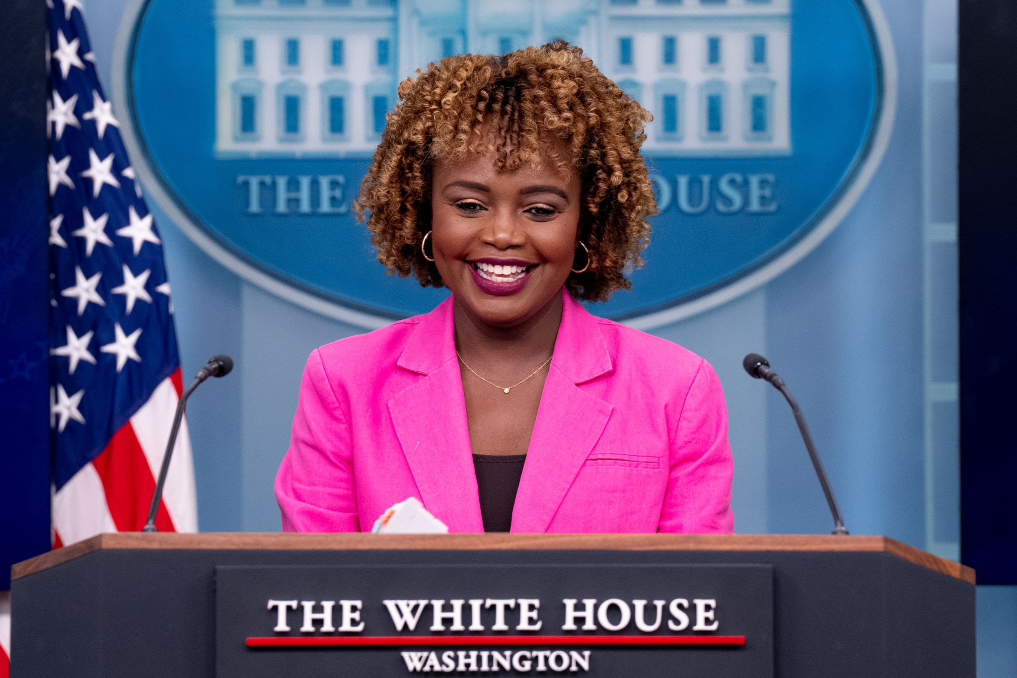 WASHINGTON, DC - SEPTEMBER 12: White House press secretary Karine Jean-Pierre speaks during a news conference in the Brady Press Briefing Room at the White House on September 12, 2024 in Washington, DC. Jean-Pierre discussed Hurricane Francine, electoral fraud in Venezuela, the recent ABC News presidential debate and other topics. (Photo by Andrew Harnik/Getty Images)