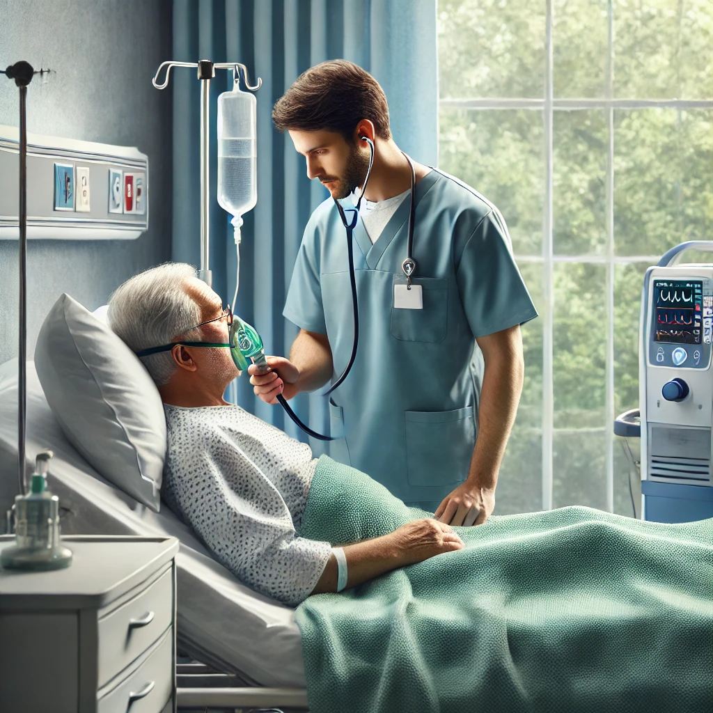 Respiratory therapist giving a breathing treatment to a patient